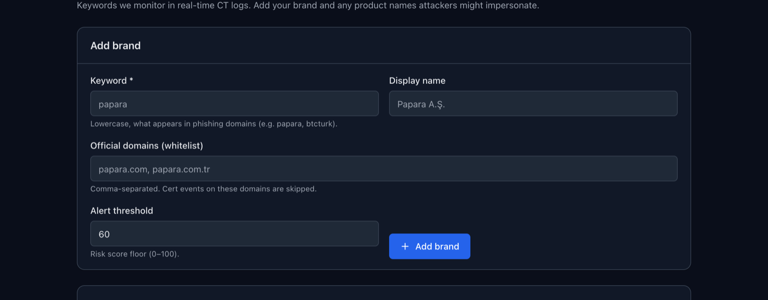 Add brand form: keyword, display name, official domains whitelist, alert threshold